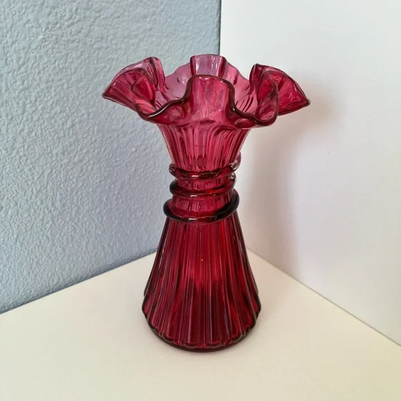 Fenton Cranberry Ruffled Glass Vase - Picture 3 of 7